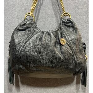 The Sak Boho Pebbled Black Leather Tasseled Gold Chain Strap Shoulder Bag